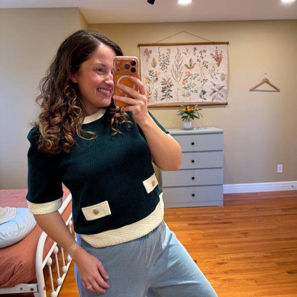 Anthropologie THML Green White Christmas Holiday Sweater Top Small - Picture 4 of 12